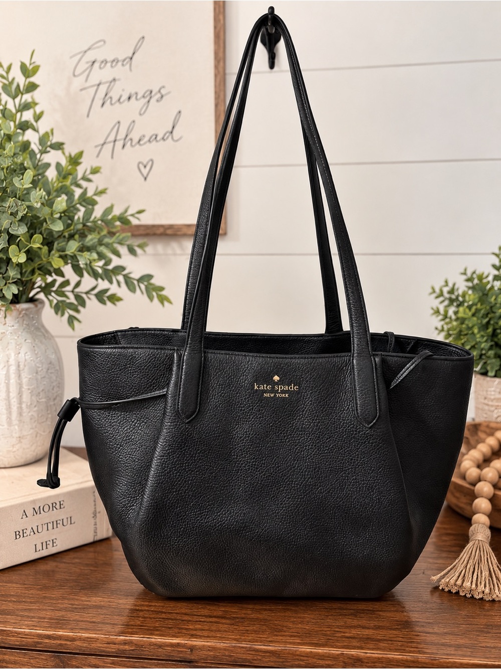 kate spade Black Pebbled Leather Tote with Gold Logo